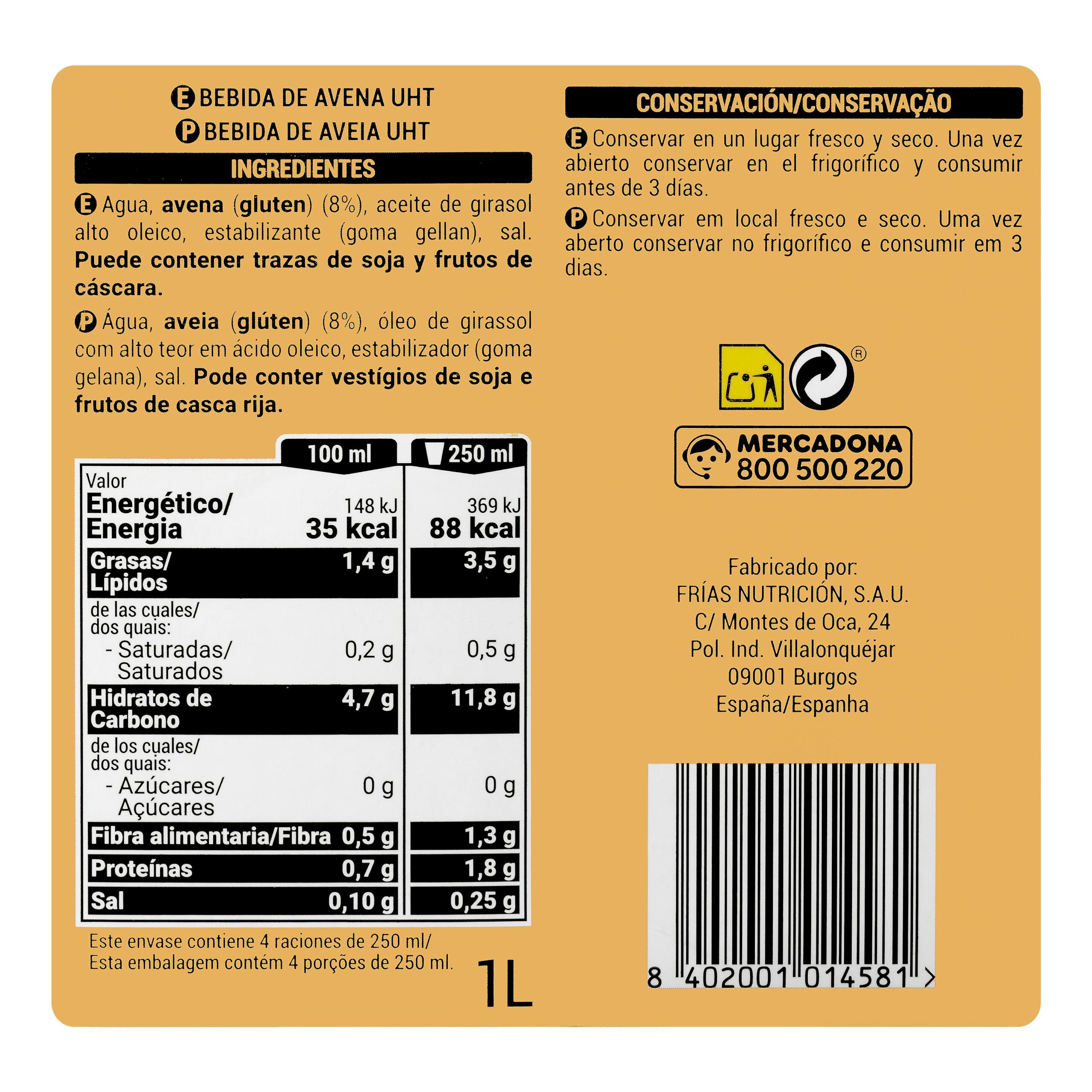 Etiqueta Bebida de avena Hacendado 0% azúcar